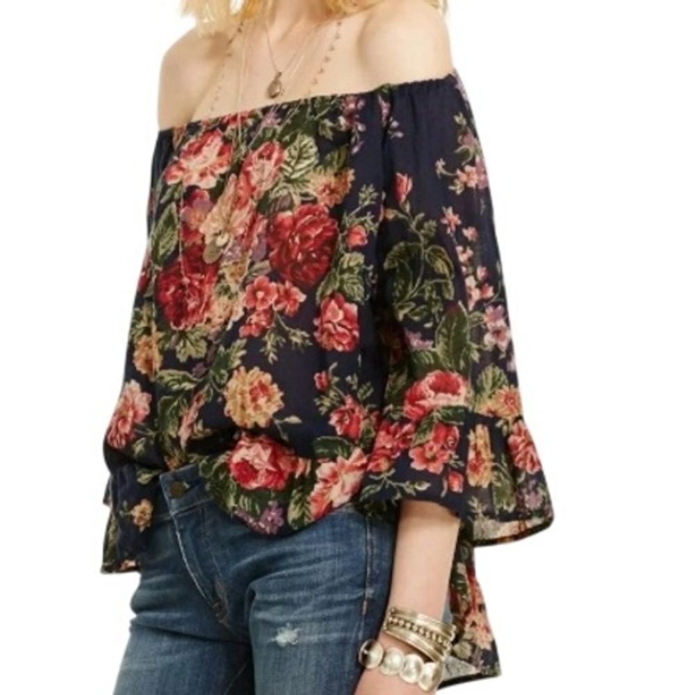 Ralph Lauren Denim & Supply Womens M Navy Floral Off Shoulder Ruffle Blouse
